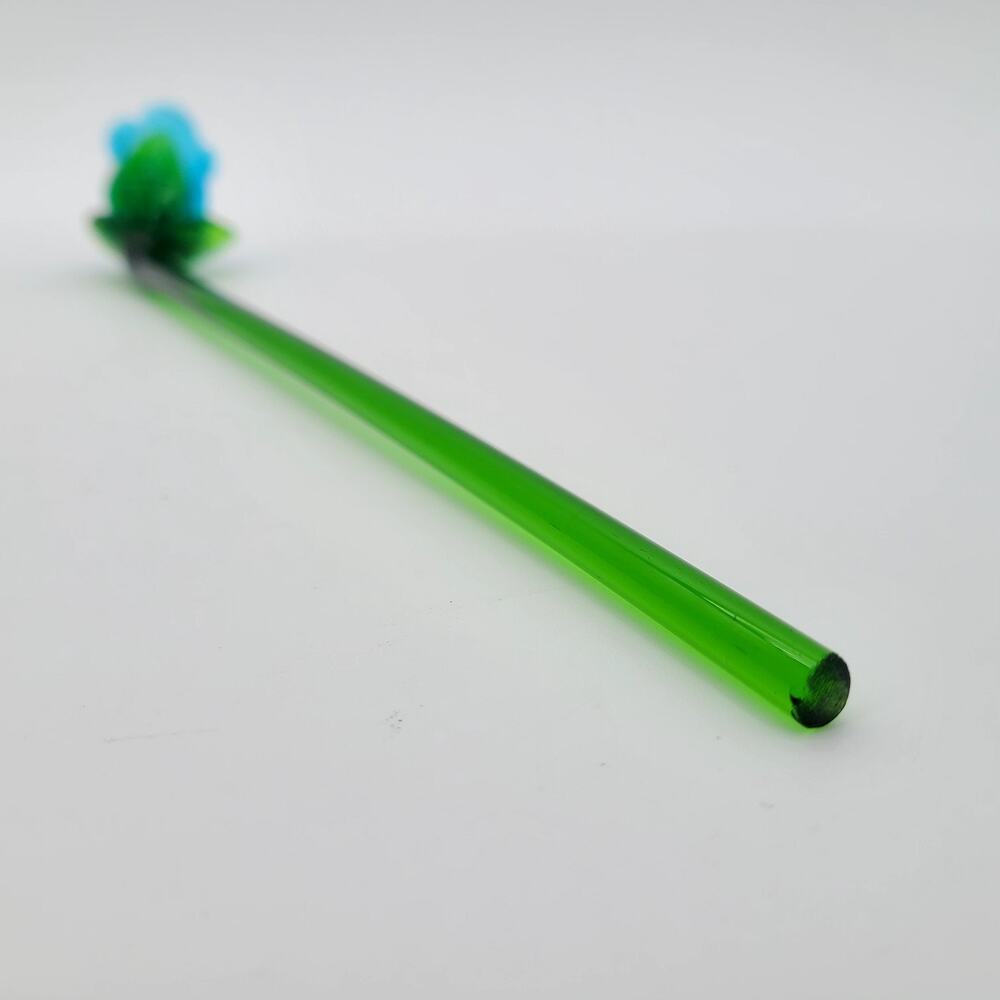 Vintage Blown Art Glass Long 12" Green Stemmed Blue Rose Bud Decorative Flower - Picture 6 of 6